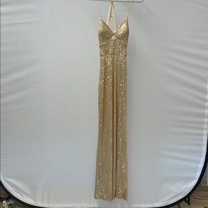 Gold Sequin Spaghetti Strap Full Length Gown